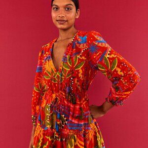 RED MAGIC FOREST V NECK MINI DRESS